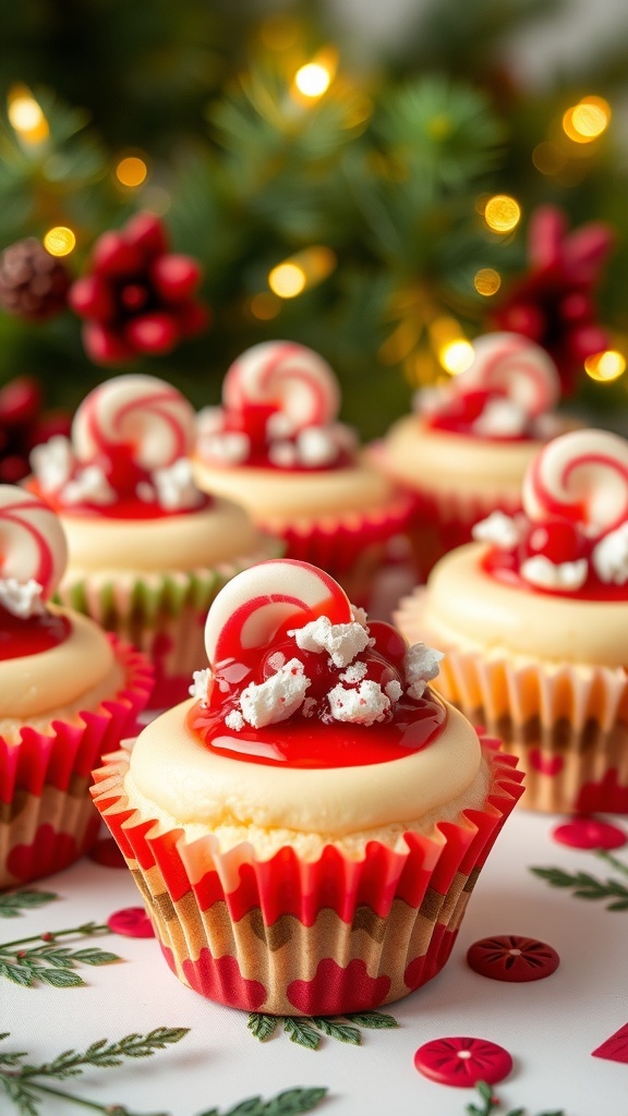 Mini Christmas Cheesecakes Recipe Mini cheesecakes topped with peppermint and cranberry on a holiday table.